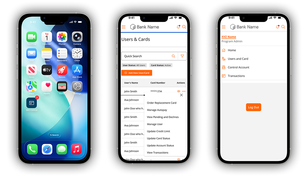 360 Control mobile screens: home screen presence, users and cards, program admin navigation