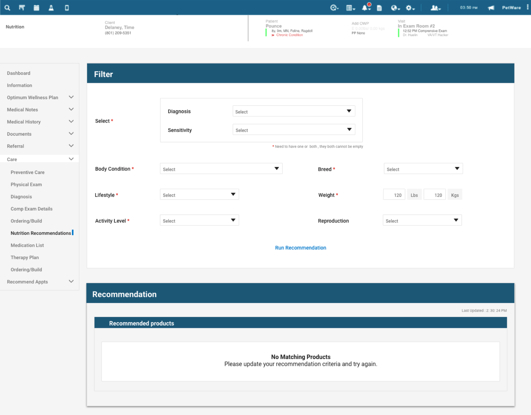 No matching products state: the recommendation returns no results and prompts the vet to adjust criteria
