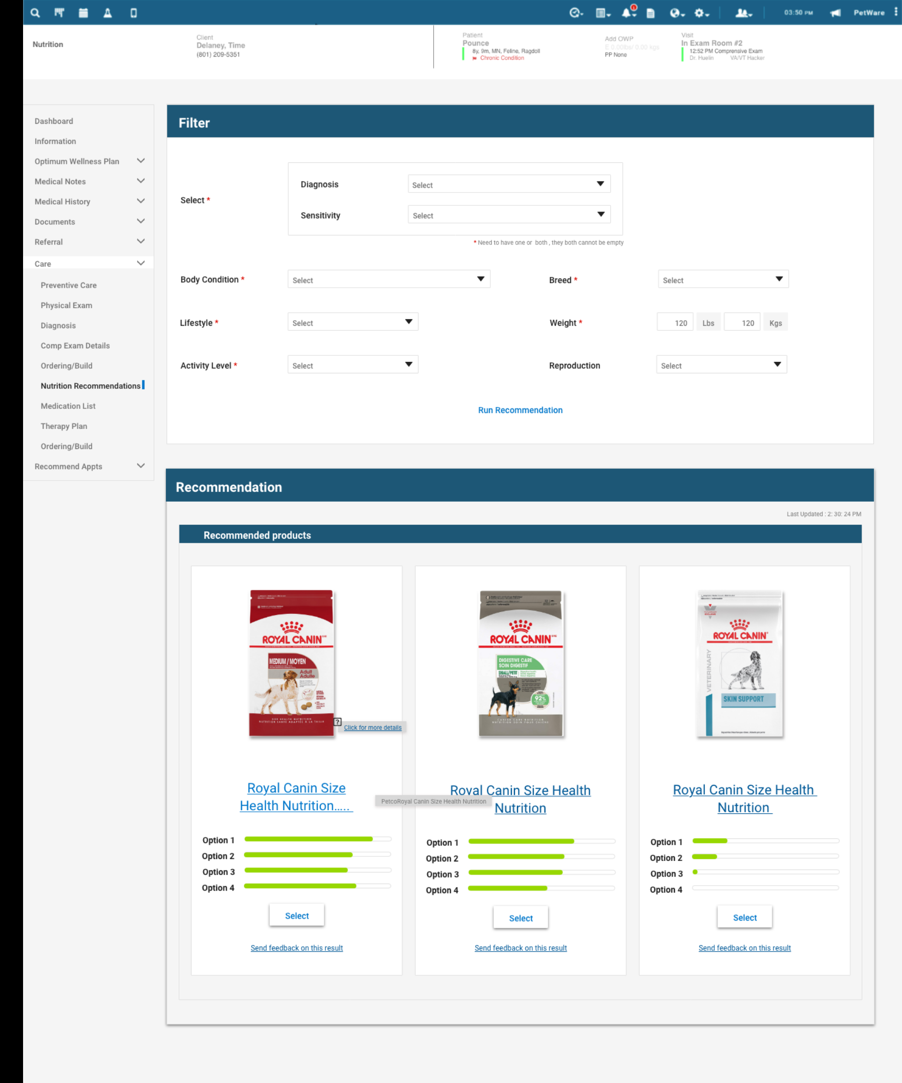Final nutrition recommendation screen: clinical filters and three matched products with scores