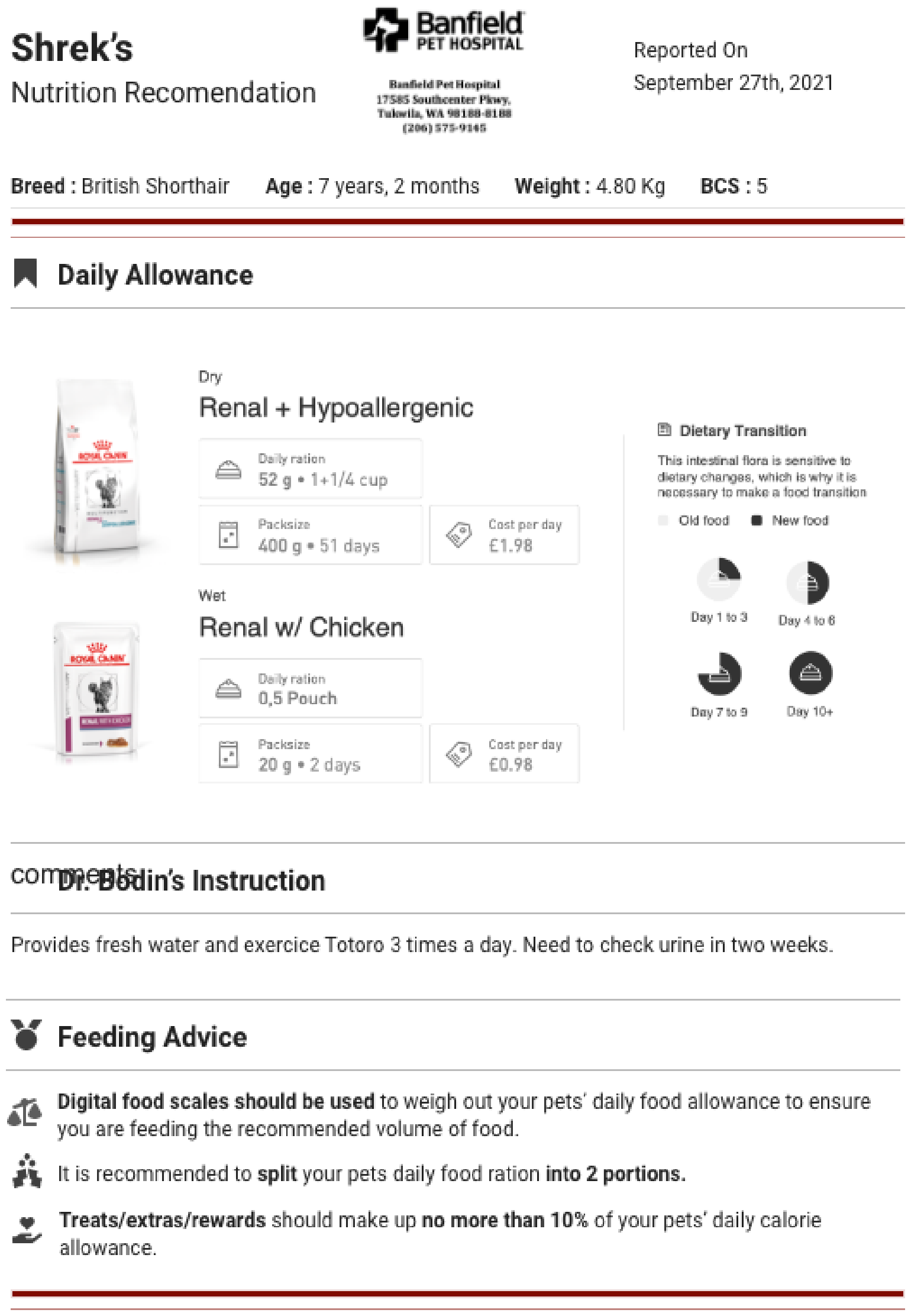 Exported nutrition report: foods, daily allowance, dietary transition schedule, doctor's instructions and feeding advice