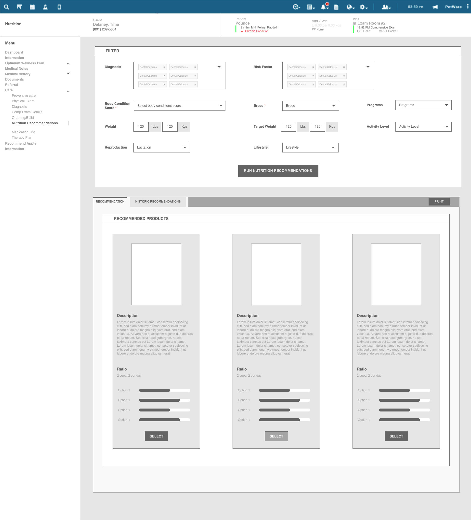 Early wireframe of the nutrition recommendation screen: filter inputs and three placeholder product cards