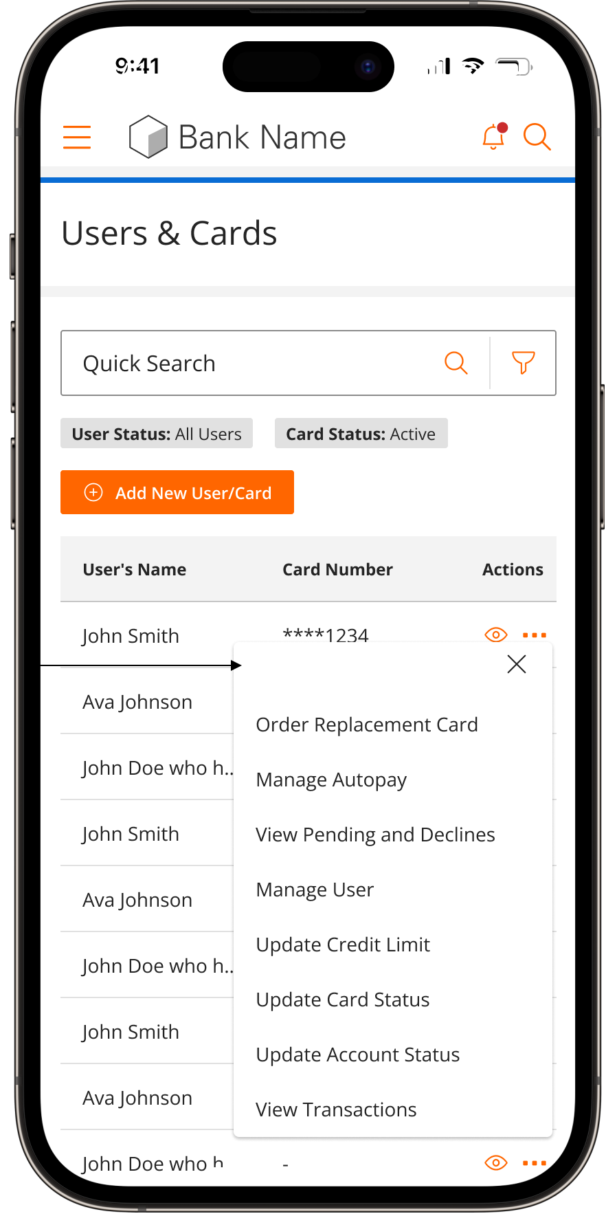 360 Control mobile, users and cards with quick actions