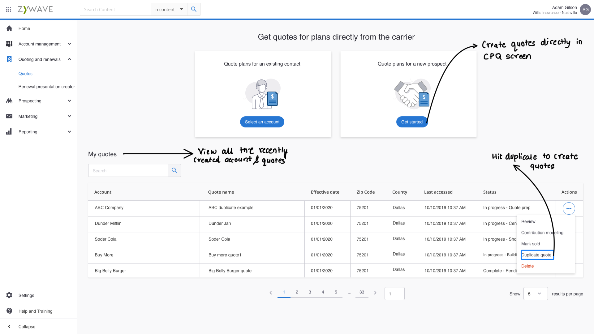 CPQ quotes workspace, duplicate a quote from the actions menu