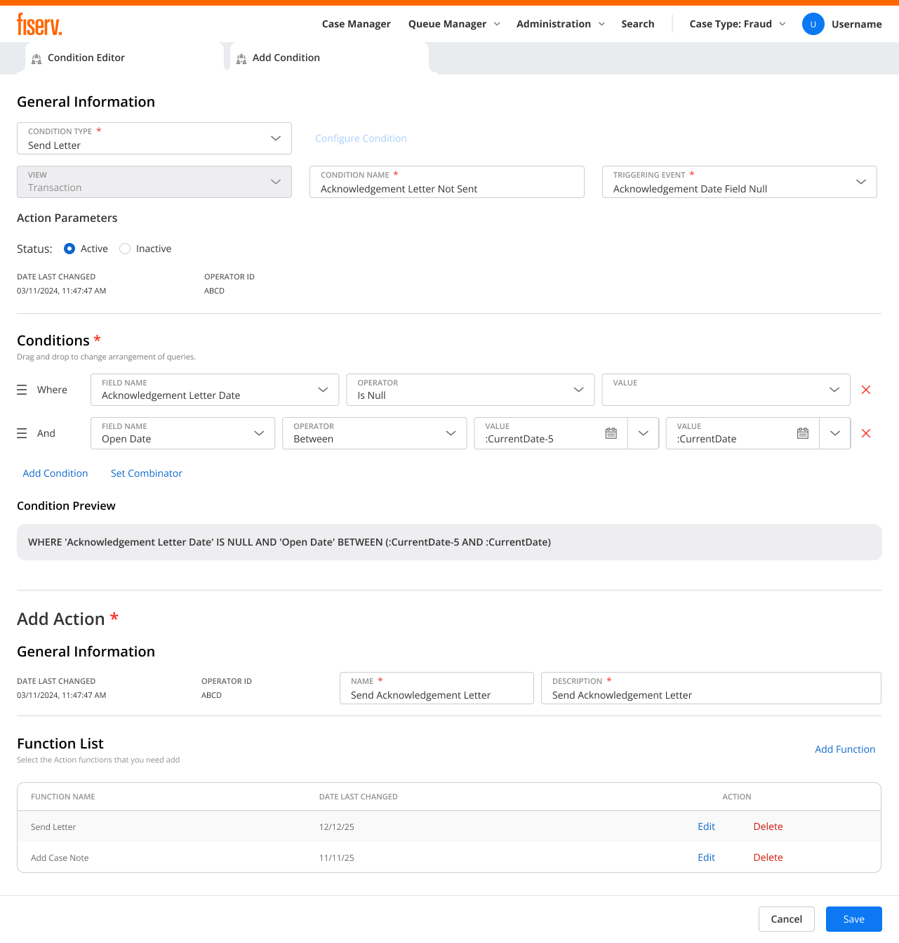 The Action Editor: a condition paired with a Send Acknowledgement Letter action