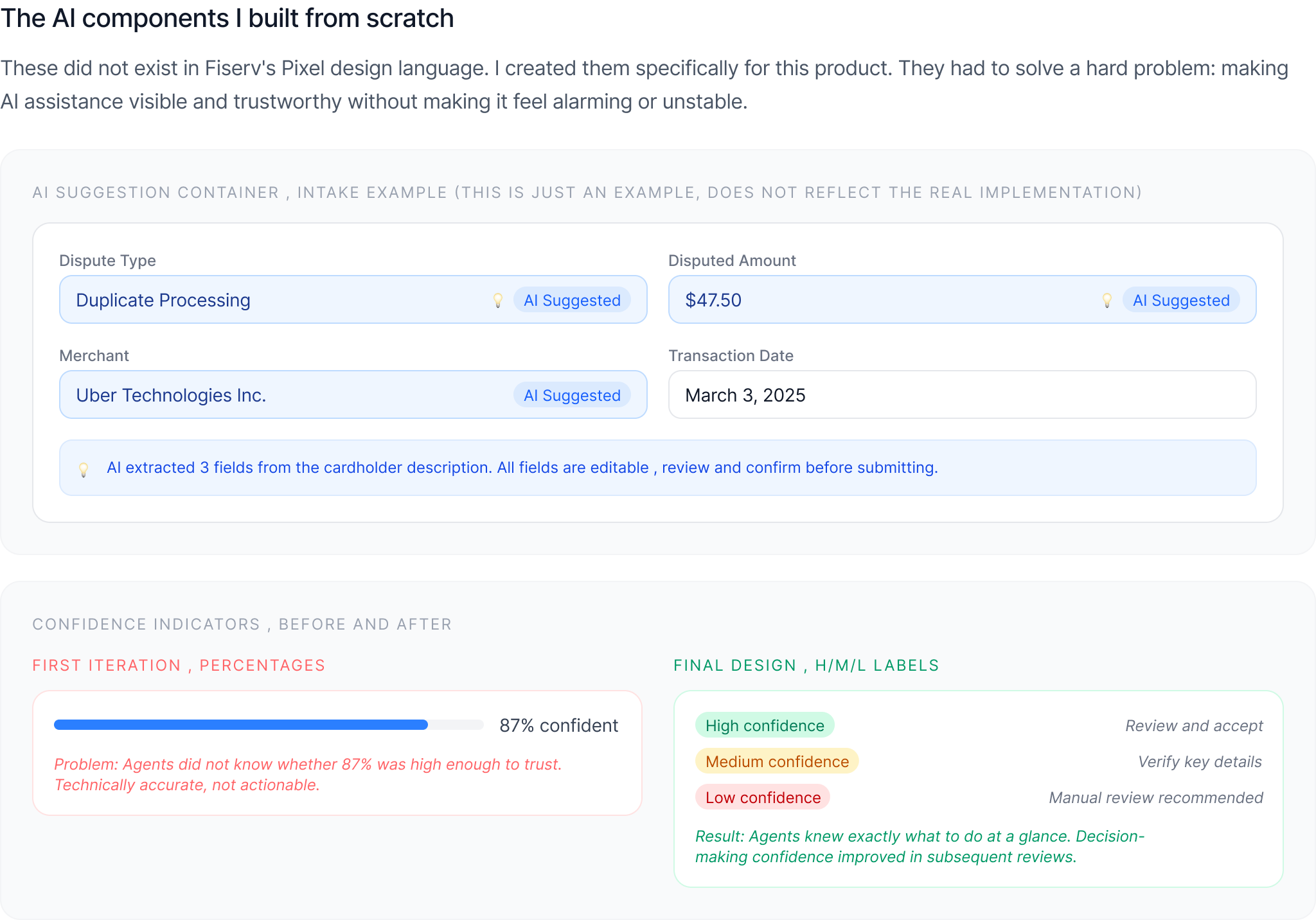 The AI components built from scratch: suggestion containers and confidence indicators