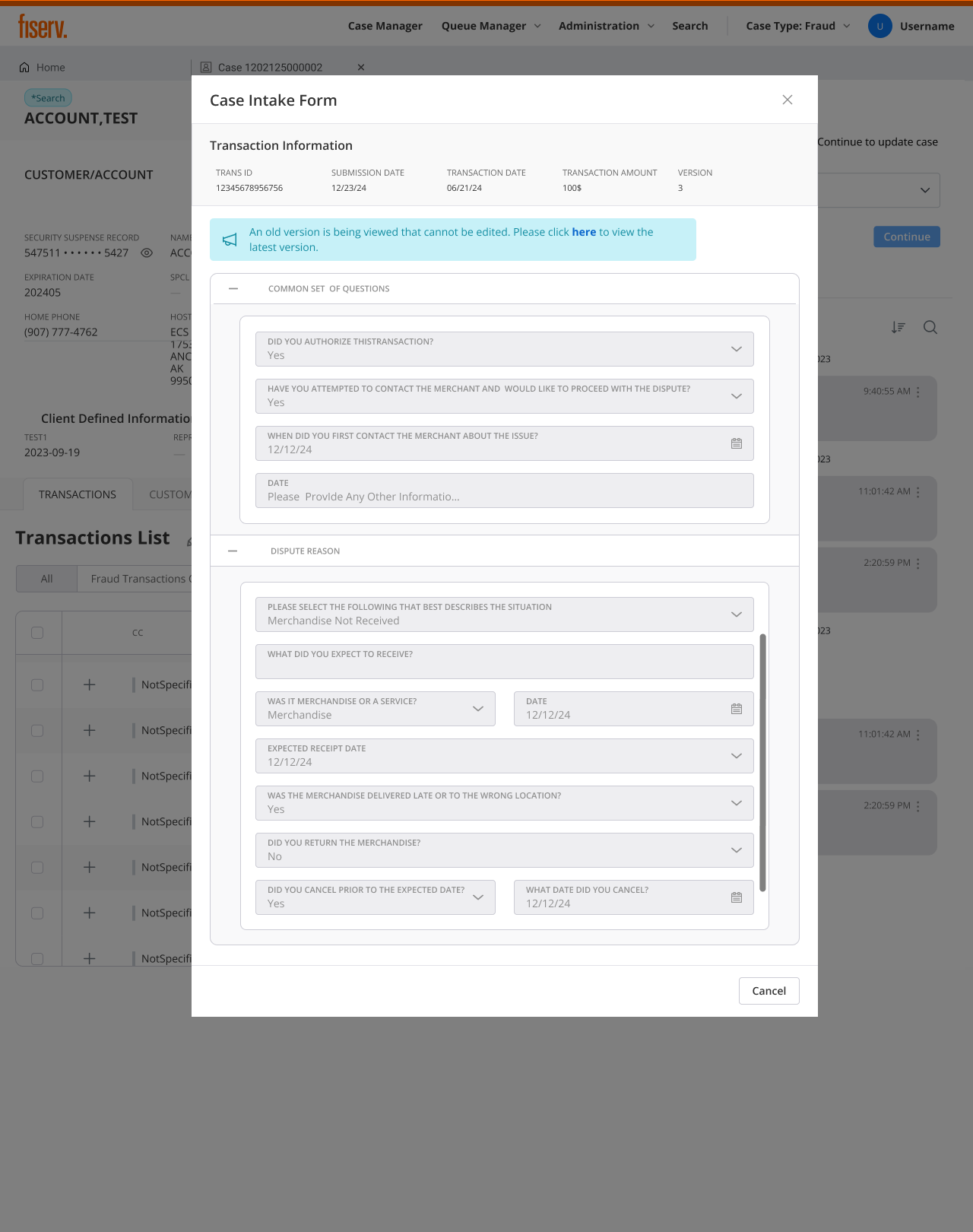 Case intake form showing the exact questions and answers the cardholder submitted