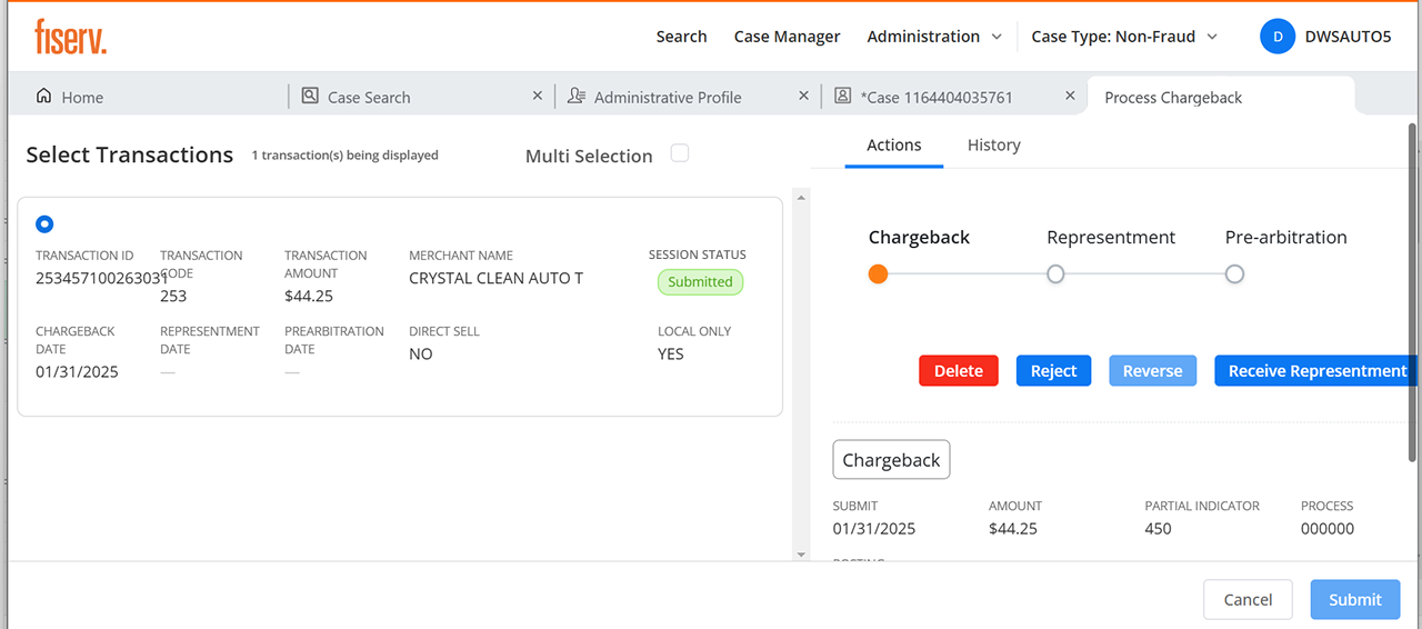 The chargeback flow built into the case, with network stepper