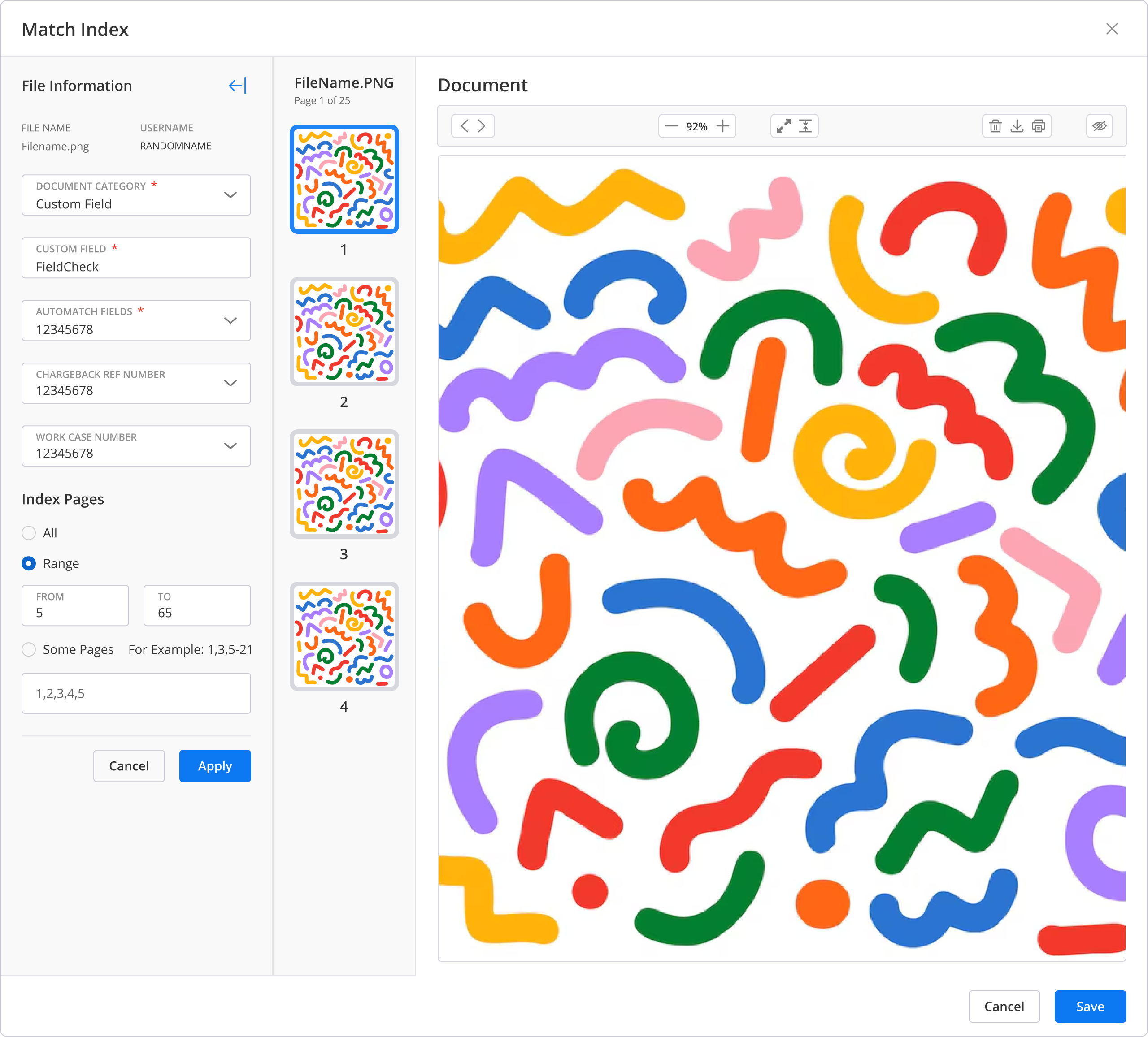 Match Index: mapping documents from the network and cardholder to the case