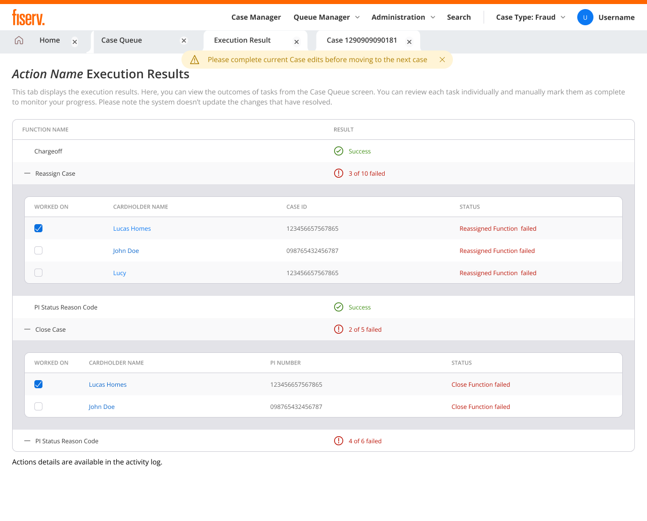Execution Results: per-case success and failure after a bulk action
