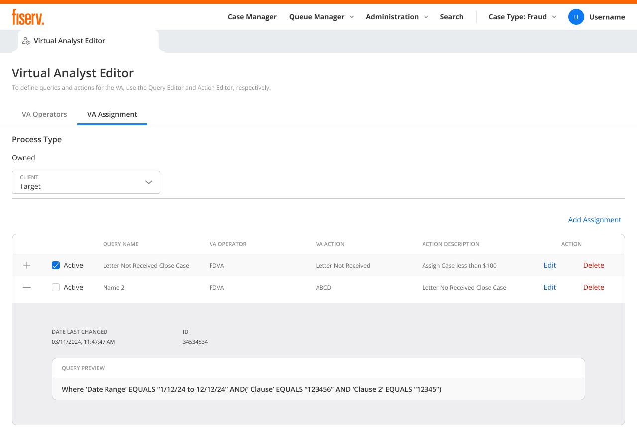 VA Assignment: pairing a saved query with an action for the operator