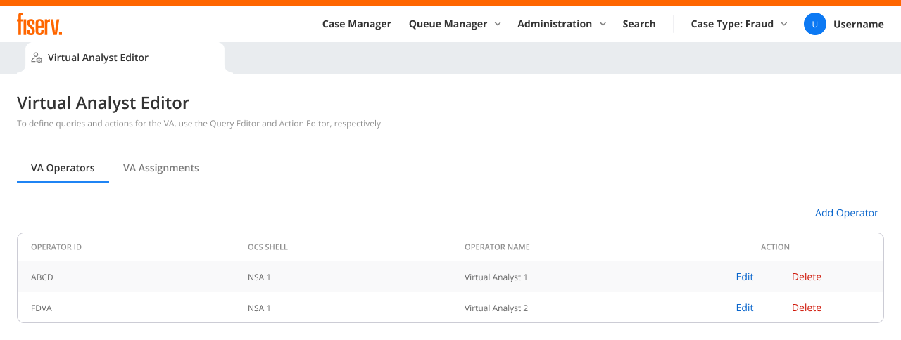 VA Operators tab: creating a non-human virtual-analyst operator