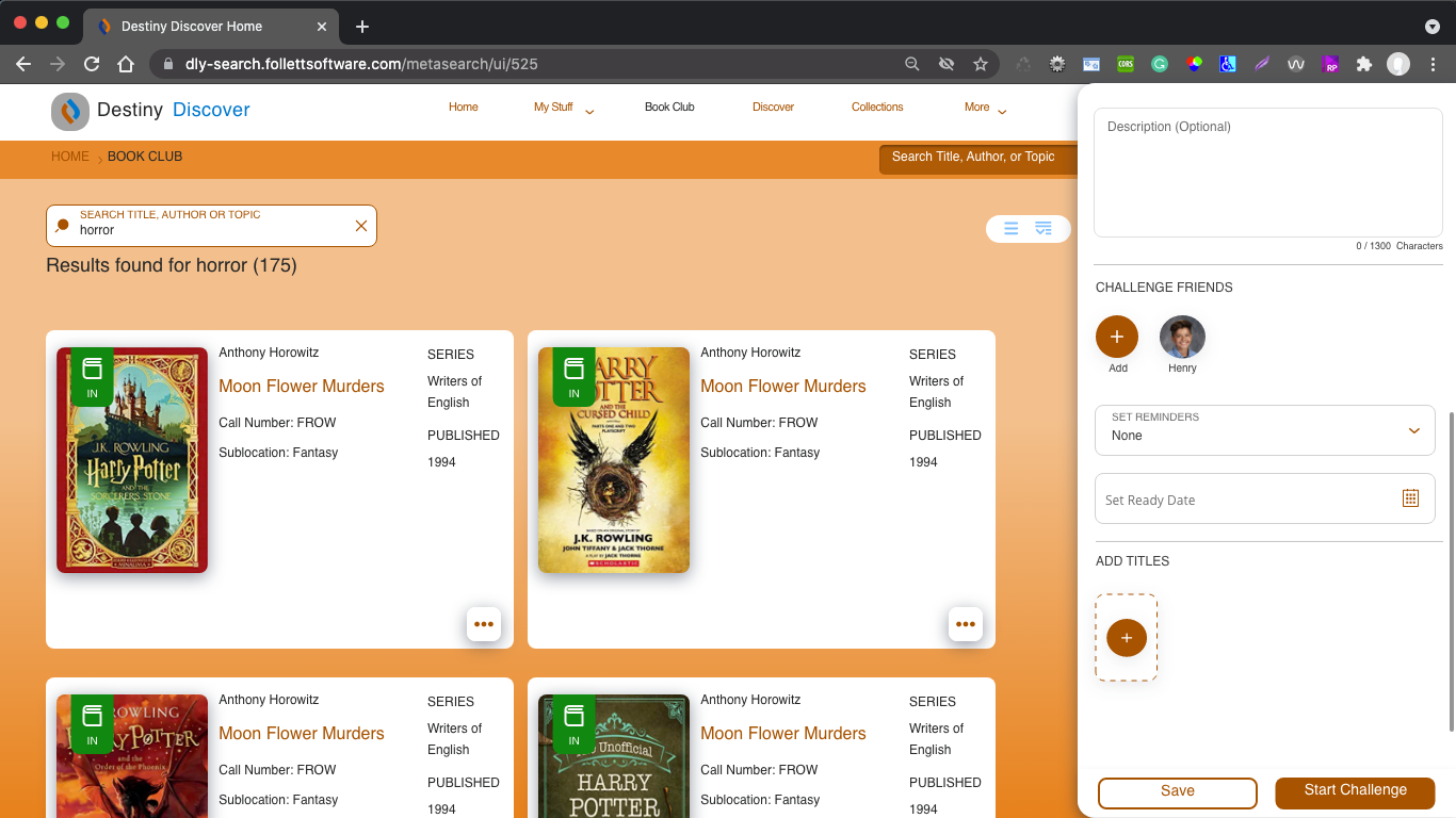 Add Titles to a reading challenge from search results, with a panel to add books and challenge friends