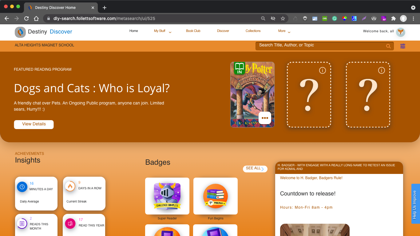 Engage home: a featured reading program hero, plus Insights, earned Badges, and a countdown to release