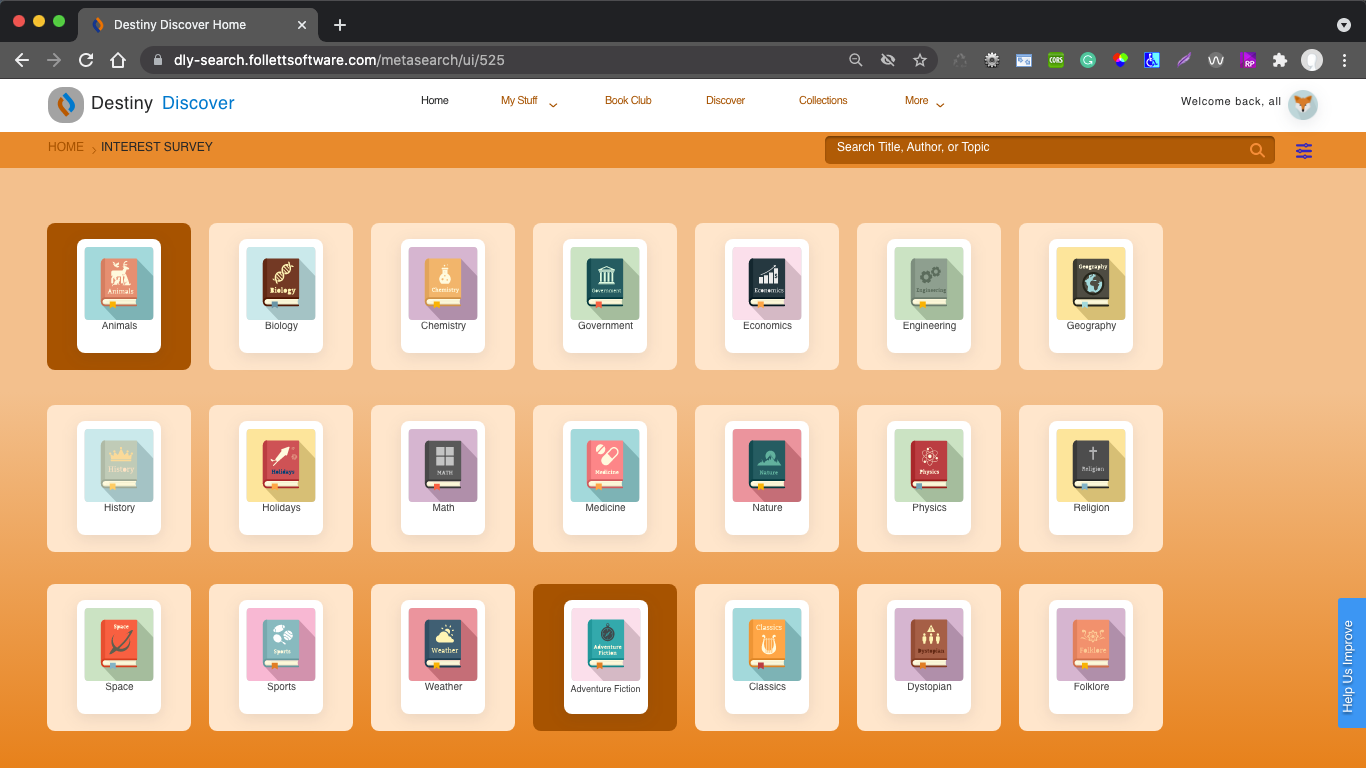 Interest Survey: a grid of illustrated subject tiles (Animals, Biology, Space, Adventure Fiction…) a student taps to pick interests