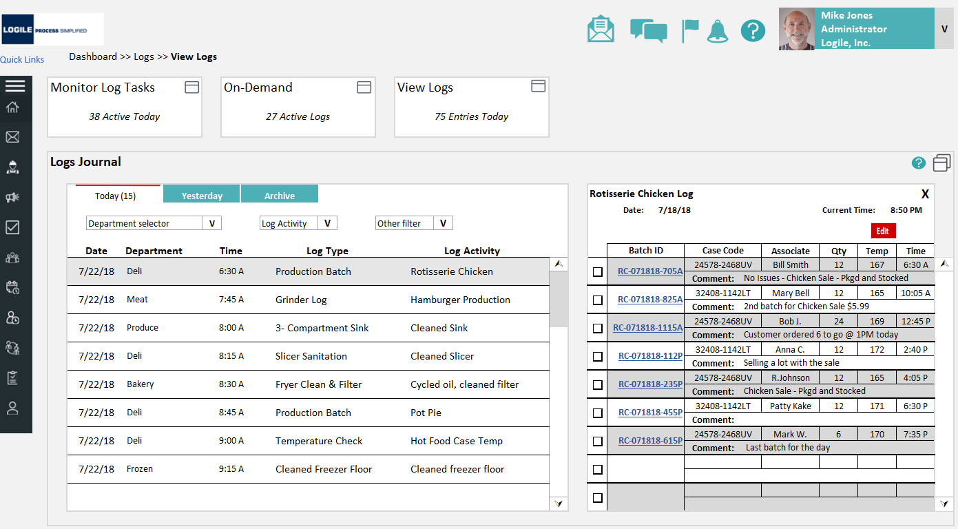 Logs Journal with a Rotisserie Chicken batch log open: batch IDs, case codes, temperatures, associates, and comments