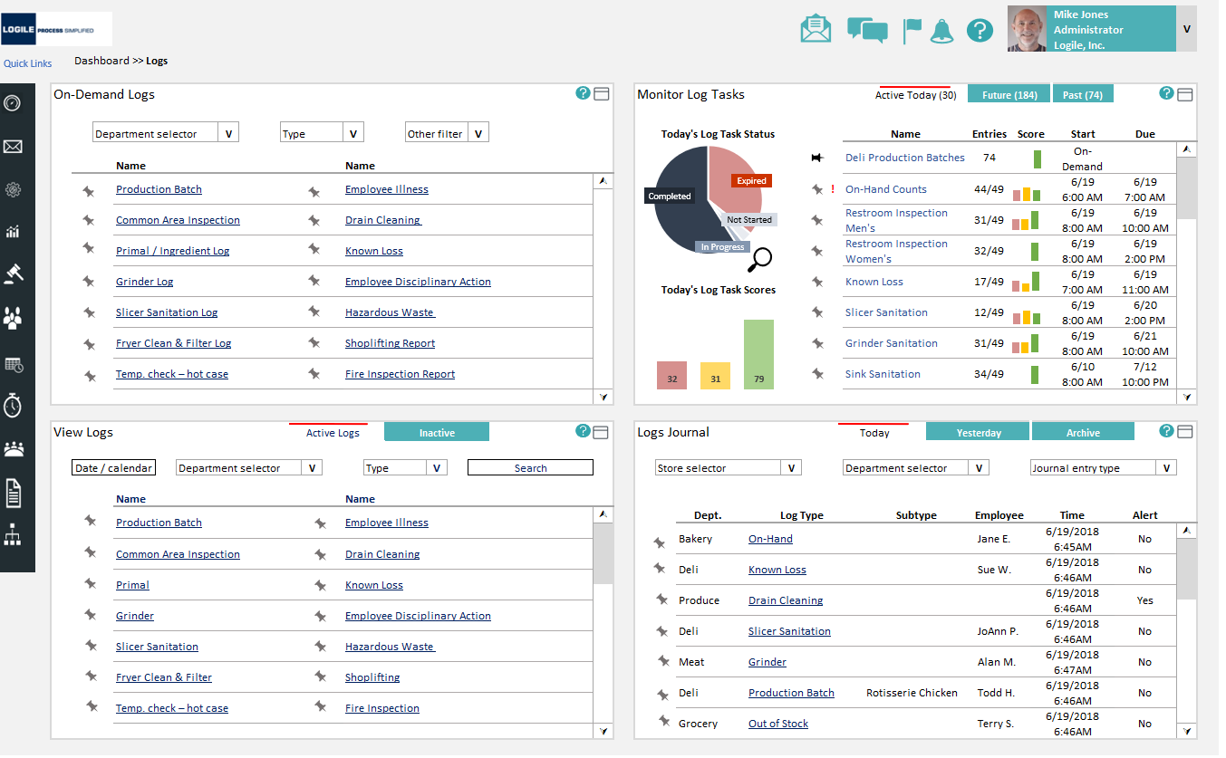 Logs workspace: On-Demand Logs, Monitor Log Tasks with today's status pie and scores, View Logs, and the Logs Journal