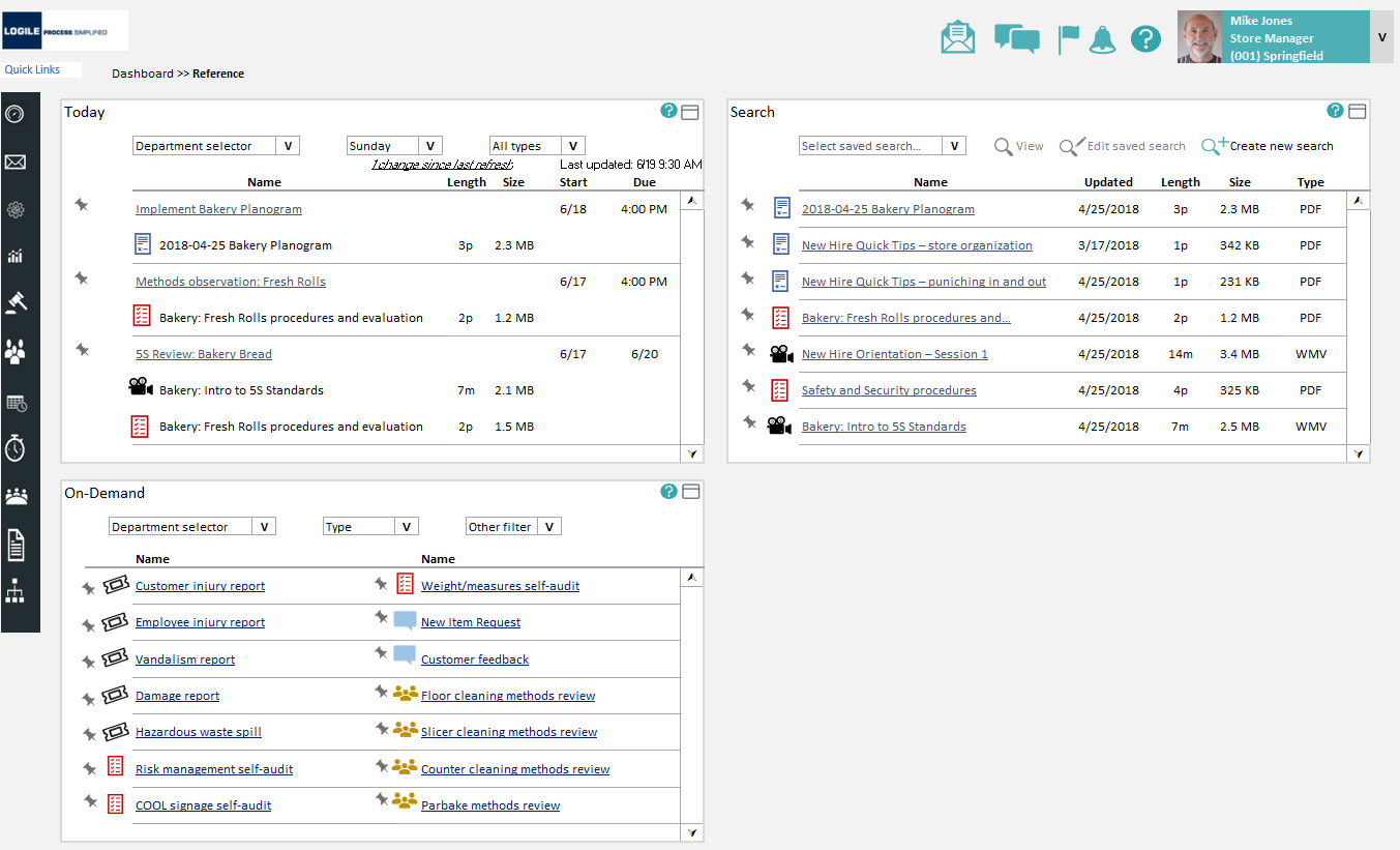 Reference landing: today's required documents and on-demand procedures, with search