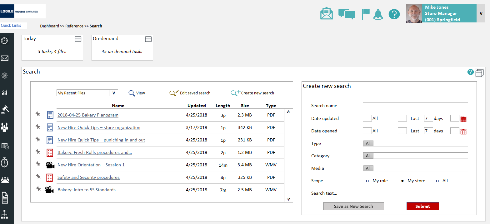 Reference search: filter by type, category, media and scope, with saved searches and recent files