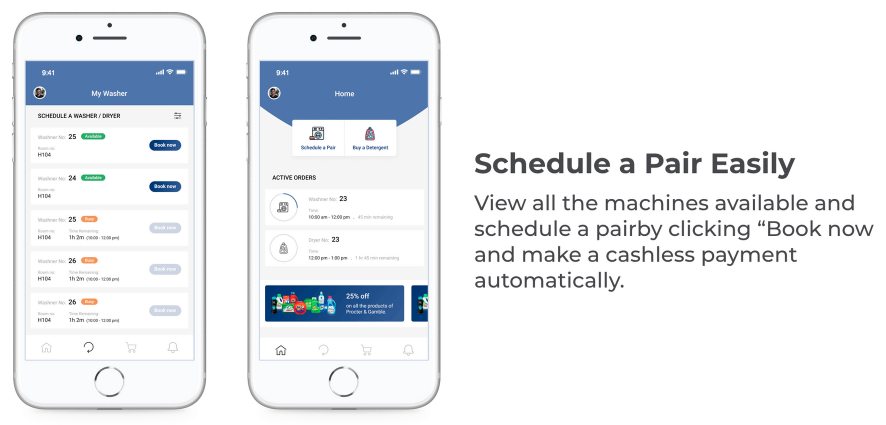 App screens for scheduling a washer and dryer pair